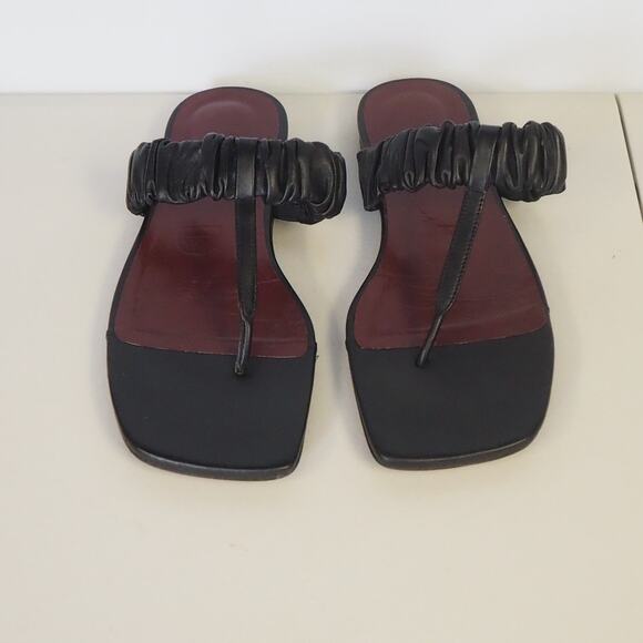 Staud Ava Leather Sandals Black Women's Size 39 UK 9 US T-Strap Ruched - Picture 2 of 10